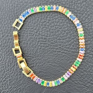 Multi Color Rainbow Tennis Bracelet, Goldtone With Foldover Clasp